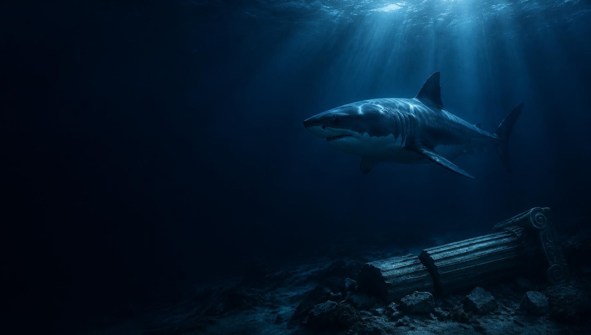 A great white shark gliding above a fallen marble column in the deep ocean